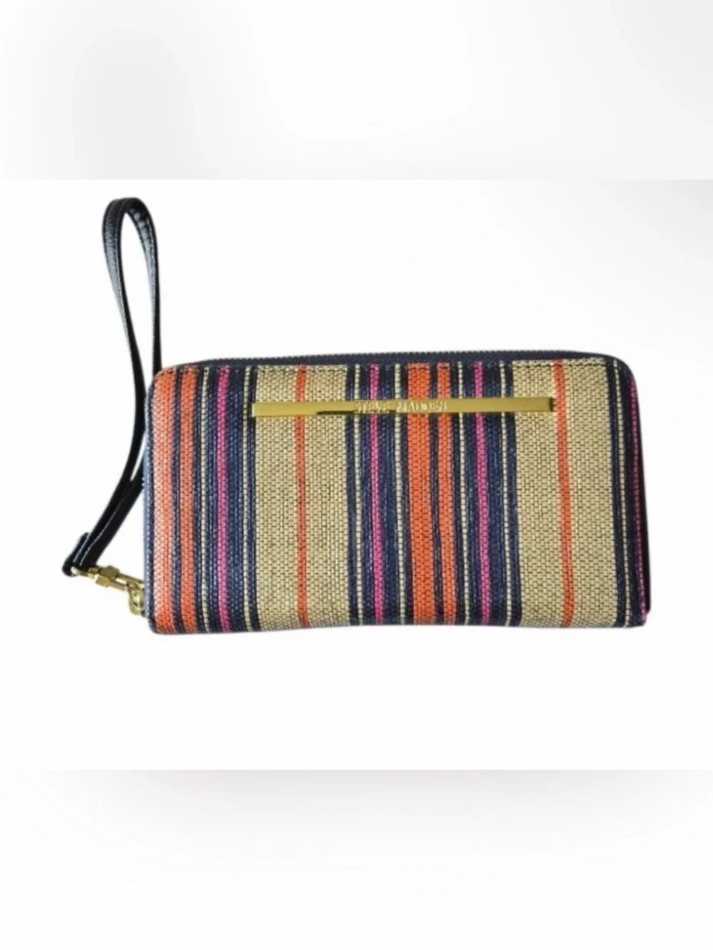 NWOT Steve Madden Beige Woven Multi Color Striped Wristlet Clutch